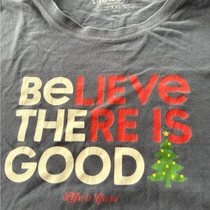 Life Is Good Blue Shirt with Red and White Text